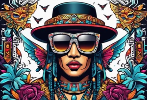 Colorful Mayan hieroglyph wearing sunglasses with bats and water tattoo idea
