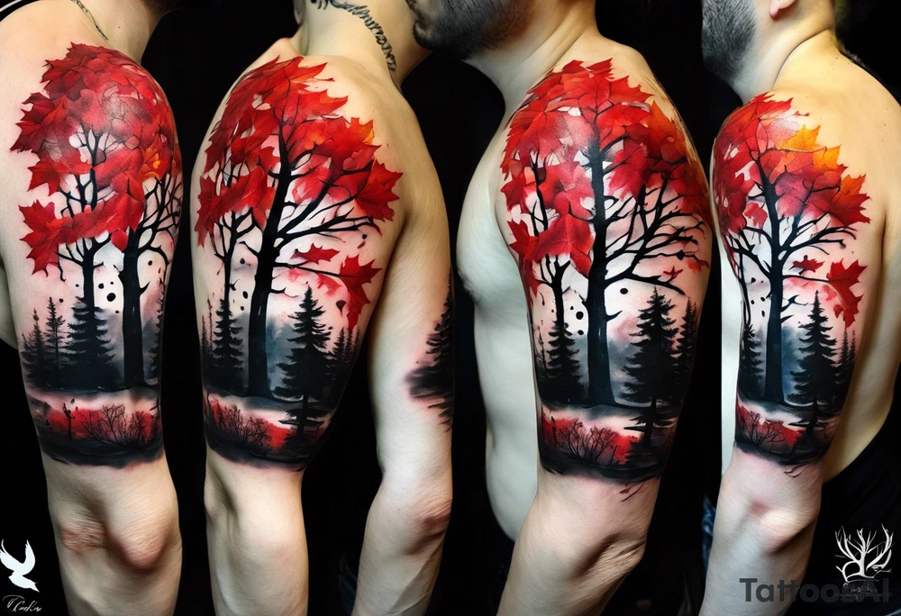 trash polka style. Arm tattoo. Long tattoo. Full sleeve. Shoulder. A single large maple tree with red autumn leaves that branches upwards from wrist to shoulder. White-throated dipper bird on the trees branches. Calluna flowers at the base of the trees stem. Tree stem has dark colors. Red/yellow sunset behind the trees stem. Leaves falling. tattoo idea