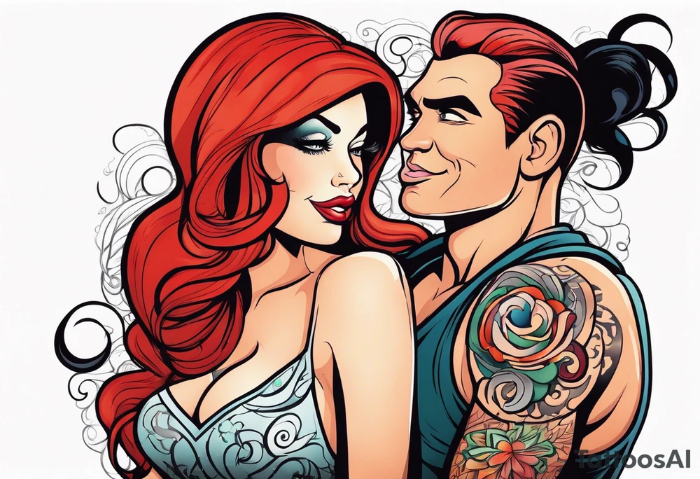 Busty Red haired woman with tall  black haired man tattoo idea
