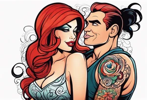 Busty Red haired woman with tall  black haired man tattoo idea