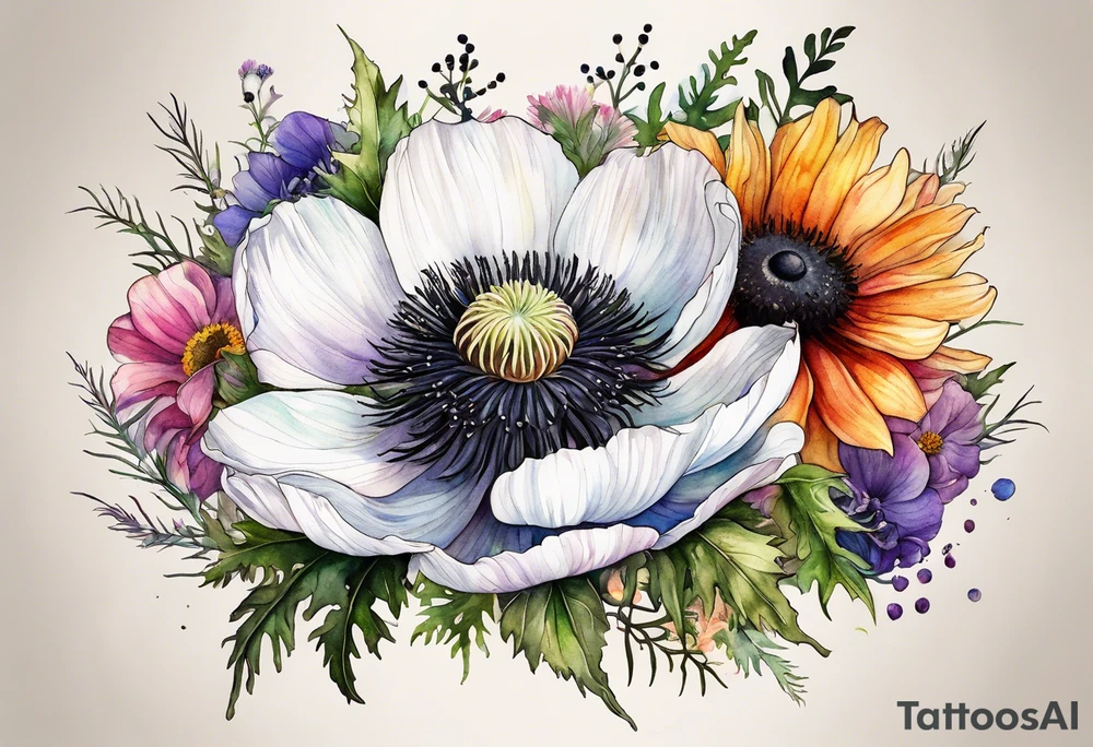 one white anemone with black center in the middle of mixed colorful wildflowers all with different shapes including thistles, ferns, ranuculus, and sun flowers all in watercolor tattoo idea