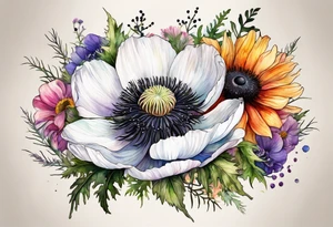 one white anemone with black center in the middle of mixed colorful wildflowers all with different shapes including thistles, ferns, ranuculus, and sun flowers all in watercolor tattoo idea