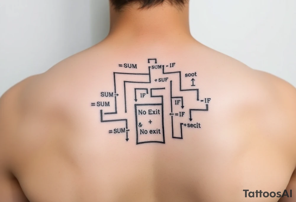 "Rat maze tattoo made of Excel formulas (=SUM, =IF). Exit door says 'No Exit' in Calibri font. Black ink, schematic style." tattoo idea