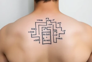 "Rat maze tattoo made of Excel formulas (=SUM, =IF). Exit door says 'No Exit' in Calibri font. Black ink, schematic style." tattoo idea