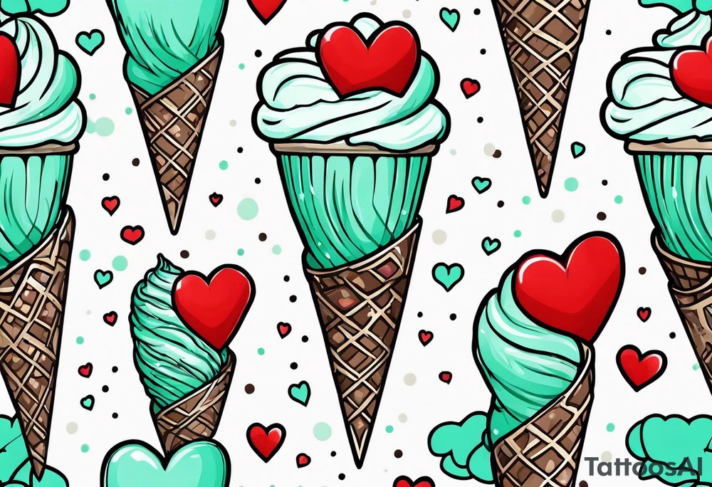 mint chocolate chip ice cream cone with small red heart on it somewhere. tattoo idea