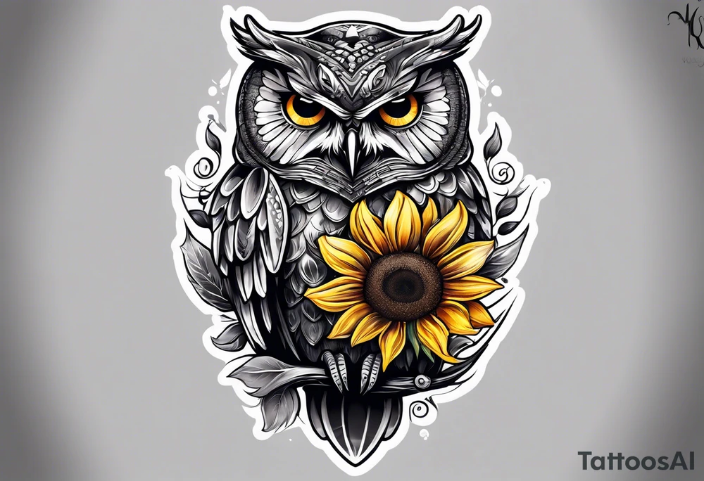 Sleeve with an owl, sunflower and butterfly tattoo idea
