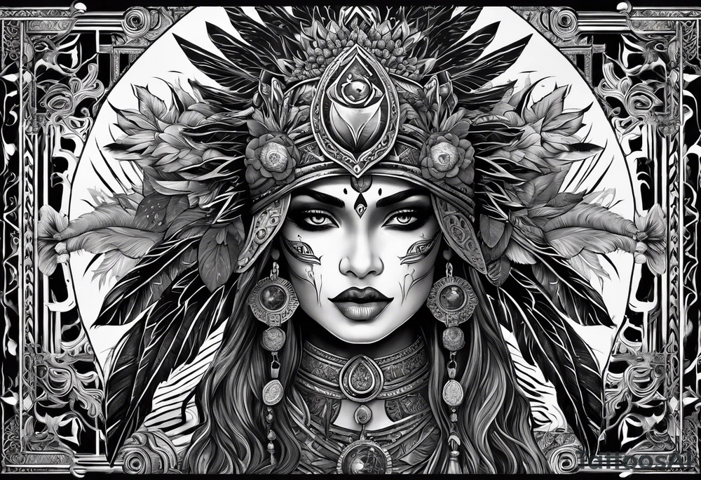 black kali, goddess pirate, alien, pachamama, valkrye, warrior, skull, lotus azul, wing, eagle, zenza resonance, stars, 5D, anahata chakra tattoo idea
