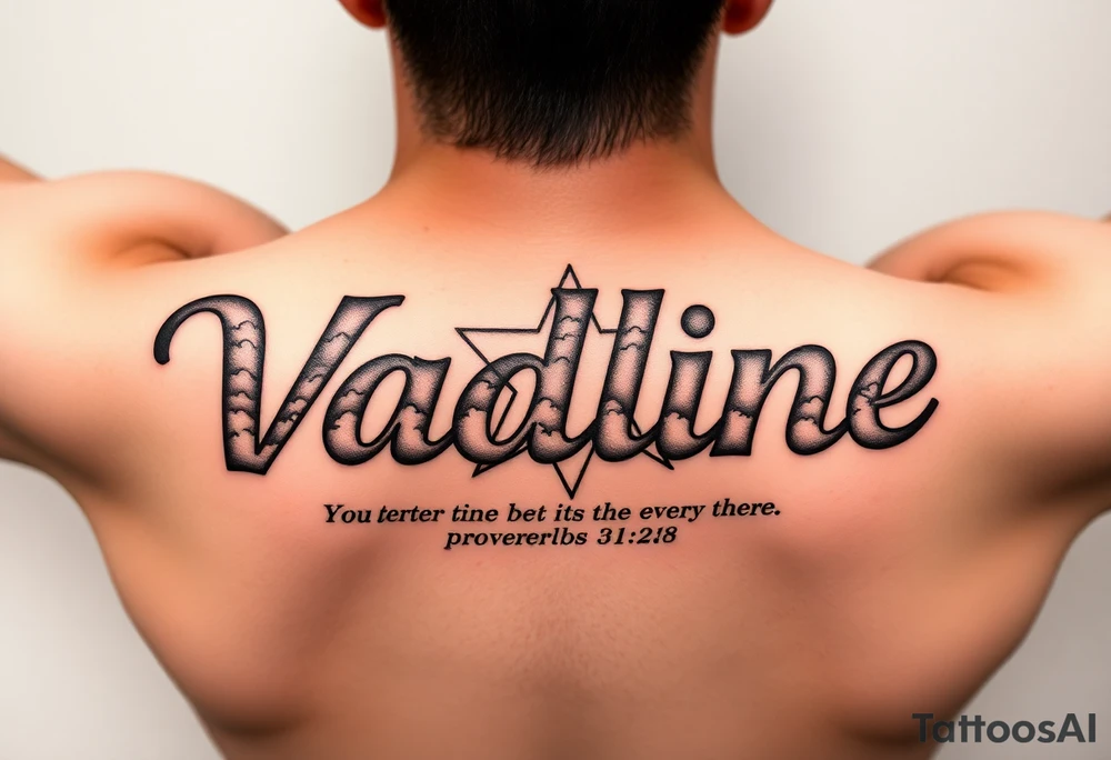 The name Vadline large print text on a human forearm in stencil format hot dog direction hyper realistic star with lots of clouds and subtext underneath is the quote proverbs 31:28 from the Bible with white highlights and shading everywhere looking freshly done and very unique tattoo idea