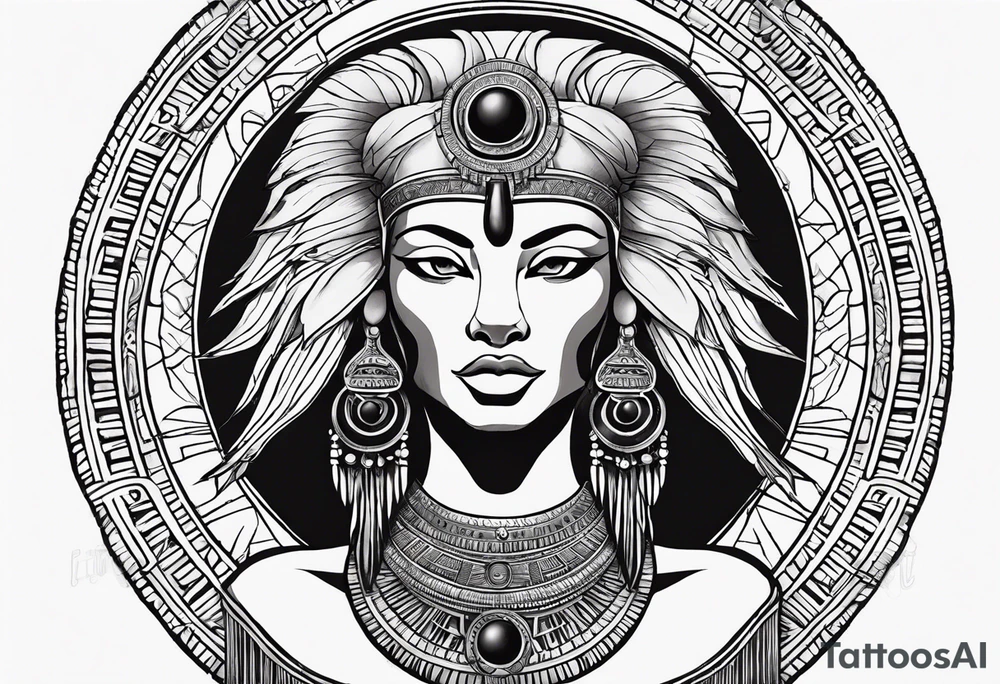 Ancient Egyptian goddess sekhmet, lioness head with black sun disk above her head and woman's body. She looks straight ahead and ready for battle looking fearless and powerful holding an ankh in one hand and a papyrus sceptre in another, she has long hair flowing tattoo idea