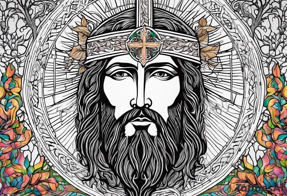 haloed head of a flat stern Byzantine Christ with all-demanding eyes with a tall, prominent, pecan tree with roots tattoo idea