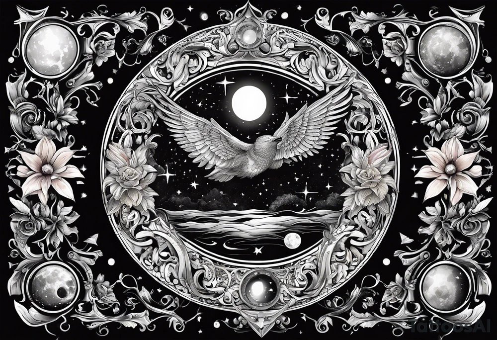 A tattoo design inspired by southern Italian folklore tales, incorporating mystical creatures and celestial objects such as moons and stars, reflecting the client's love for folklore and celestial objects. tattoo idea