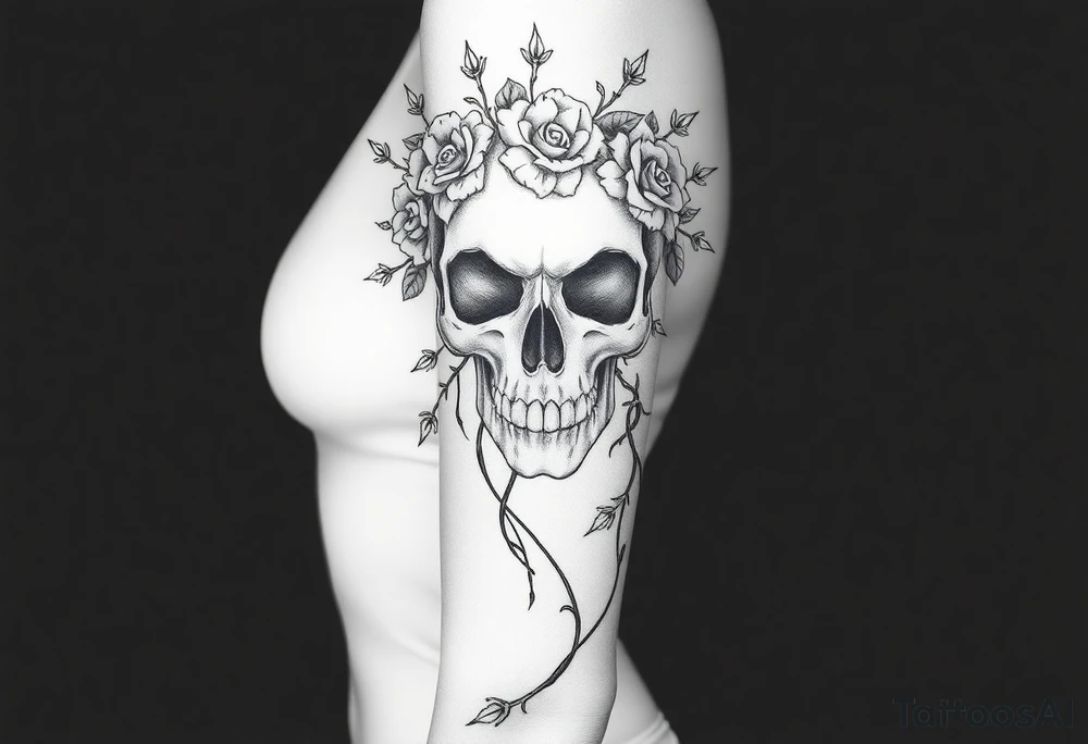 ornate skull adorned with crown of wild roses and thorns tattoo idea