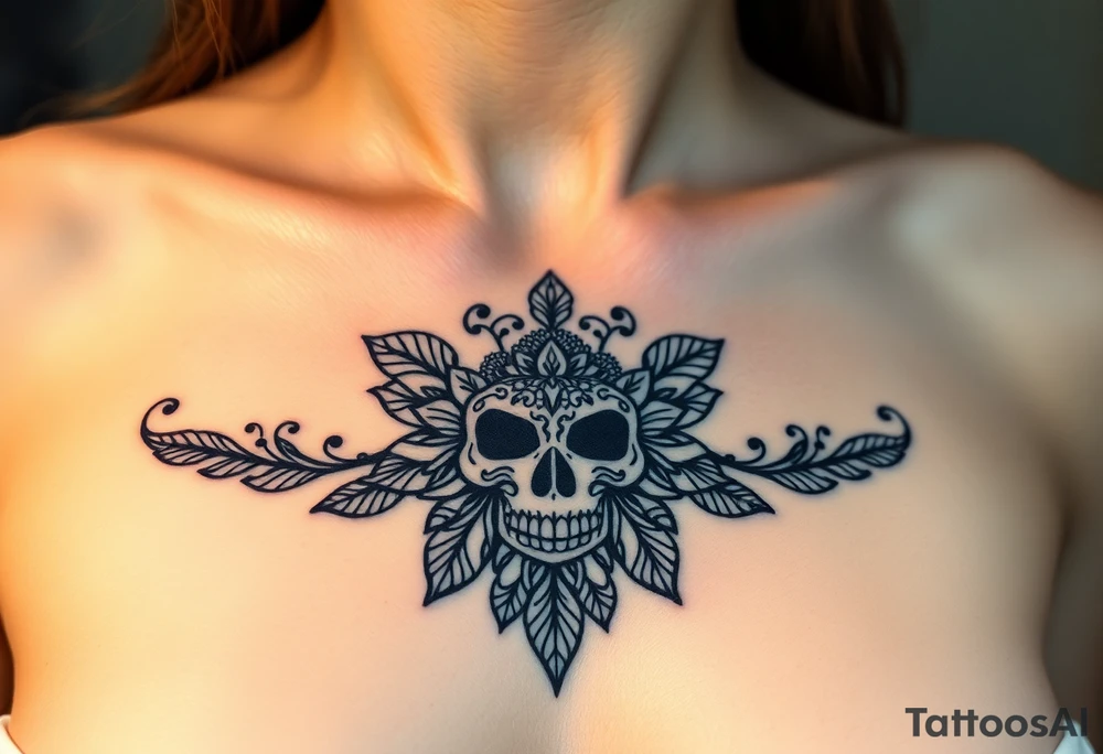 Stunning underboob tattoo with lace and elegant mandala skull tattoo idea