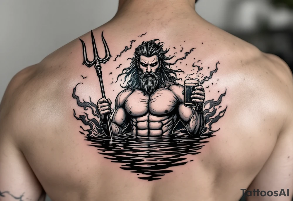 young, fit poseidon in calm water, behind a trident, holding a beer, with storm tattoo idea