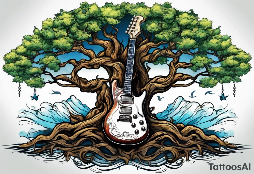 tree with guitar neck as trunk and roots are an anchor tattoo idea