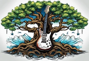 tree with guitar neck as trunk and roots are an anchor tattoo idea
