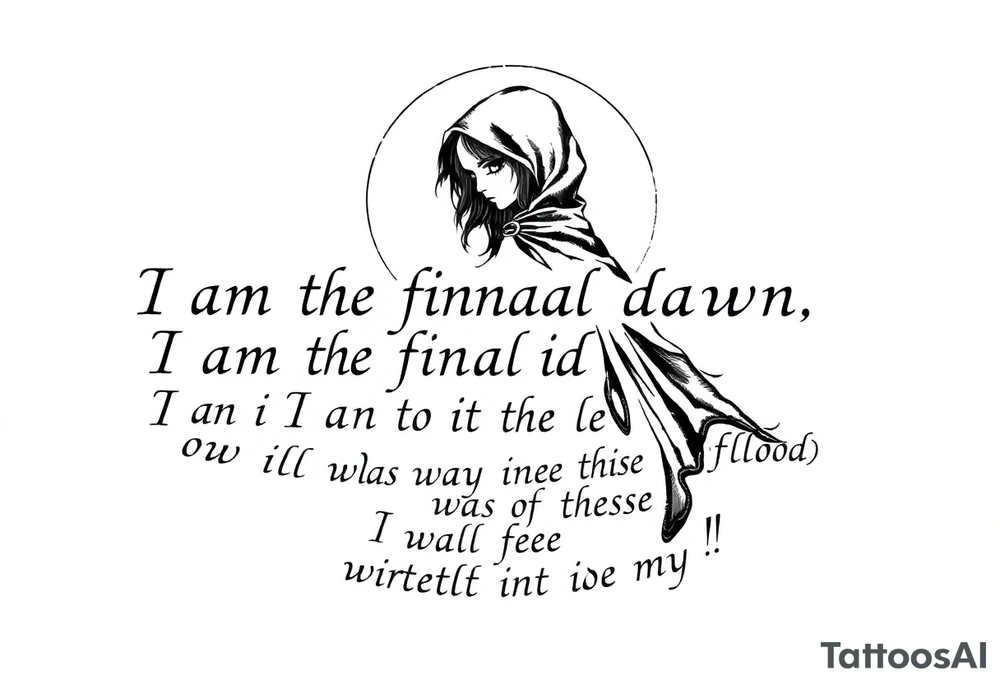 Gothic girl with a cape on in demi light circled around with these lyrics " I am the final dawn I am the flood and what was missing from those scriptures will be written in my blood" tattoo idea