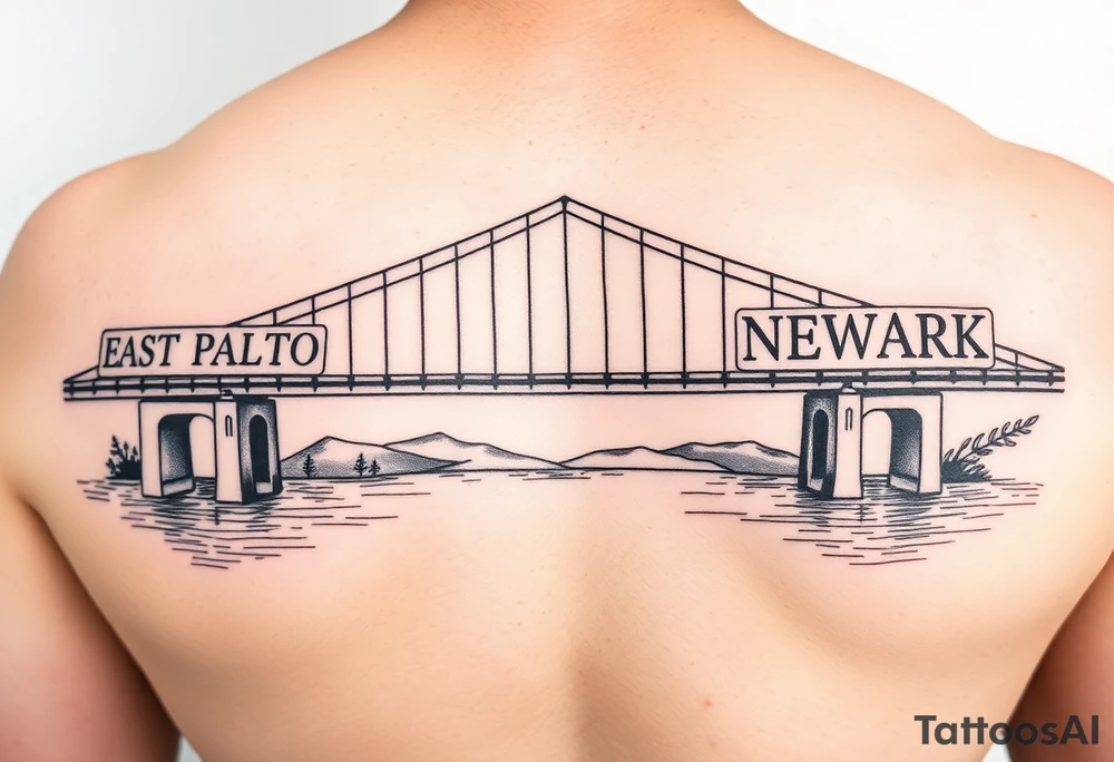 A bridge over water with two cities on the side. The city signs on the side of the bridge. East Palo Alto on the left and Newark on the right tattoo idea