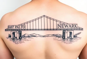 A bridge over water with two cities on the side. The city signs on the side of the bridge. East Palo Alto on the left and Newark on the right tattoo idea