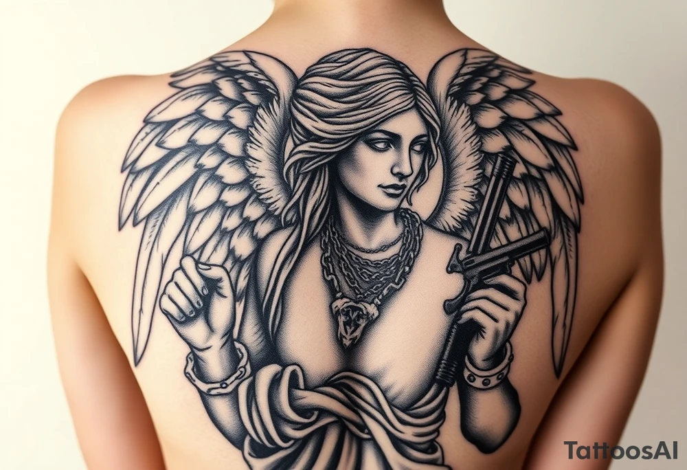 old angel statue in criminal style, tattooed and at the same time contemporary, weapons in hand, gangster-style gold necklaces tattoo idea
