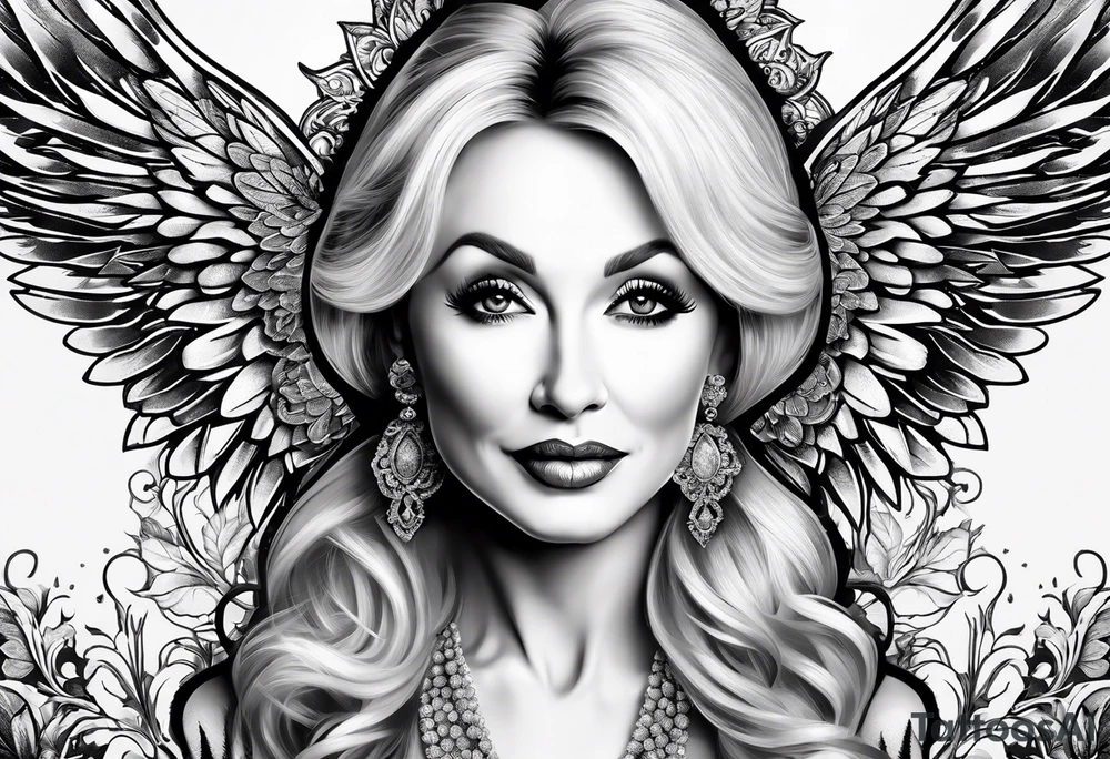 An angelic tattoo featuring Dolly Parton, an acorn, wings tattoo idea