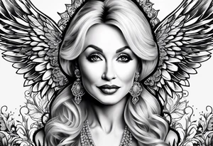 An angelic tattoo featuring Dolly Parton, an acorn, wings tattoo idea