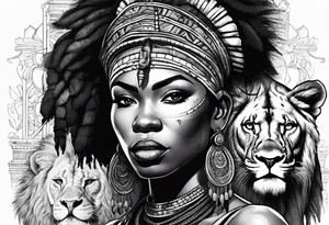 African woman warrior holding spear with deadlocks and earrings. With lion in the background tattoo idea