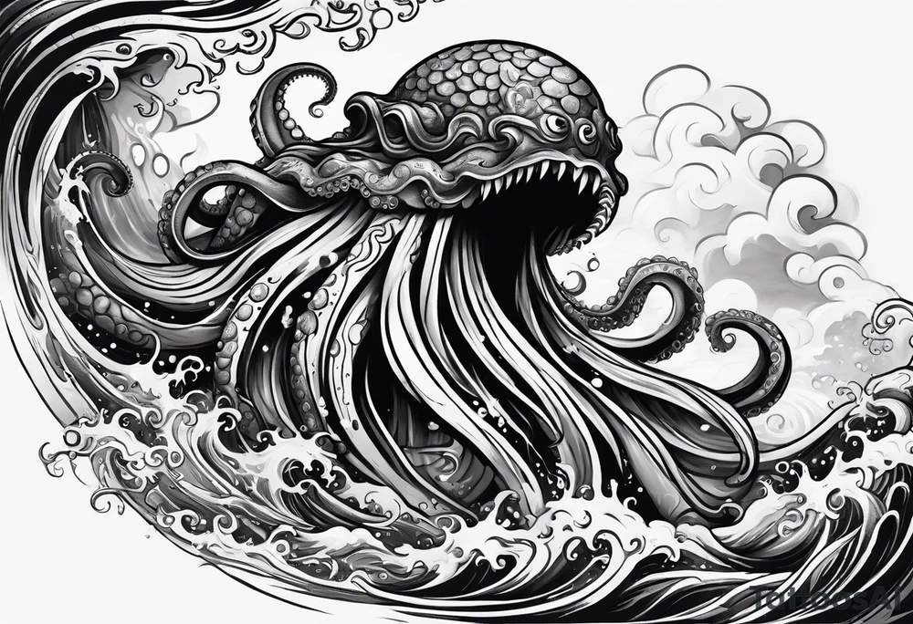 Kraken octopus wrapping tentacles Poseidon thrusting trident stormy sea tattoo idea