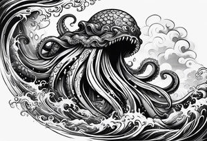 Kraken octopus wrapping tentacles Poseidon thrusting trident stormy sea tattoo idea