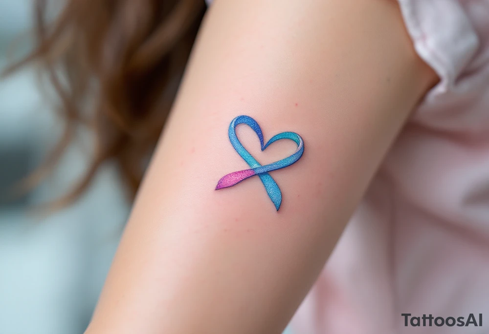 A soft pastel infinity symbol blending sky blue and pink, ending in a gentle heart shape. tattoo idea