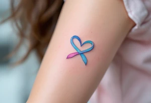 A soft pastel infinity symbol blending sky blue and pink, ending in a gentle heart shape. tattoo idea