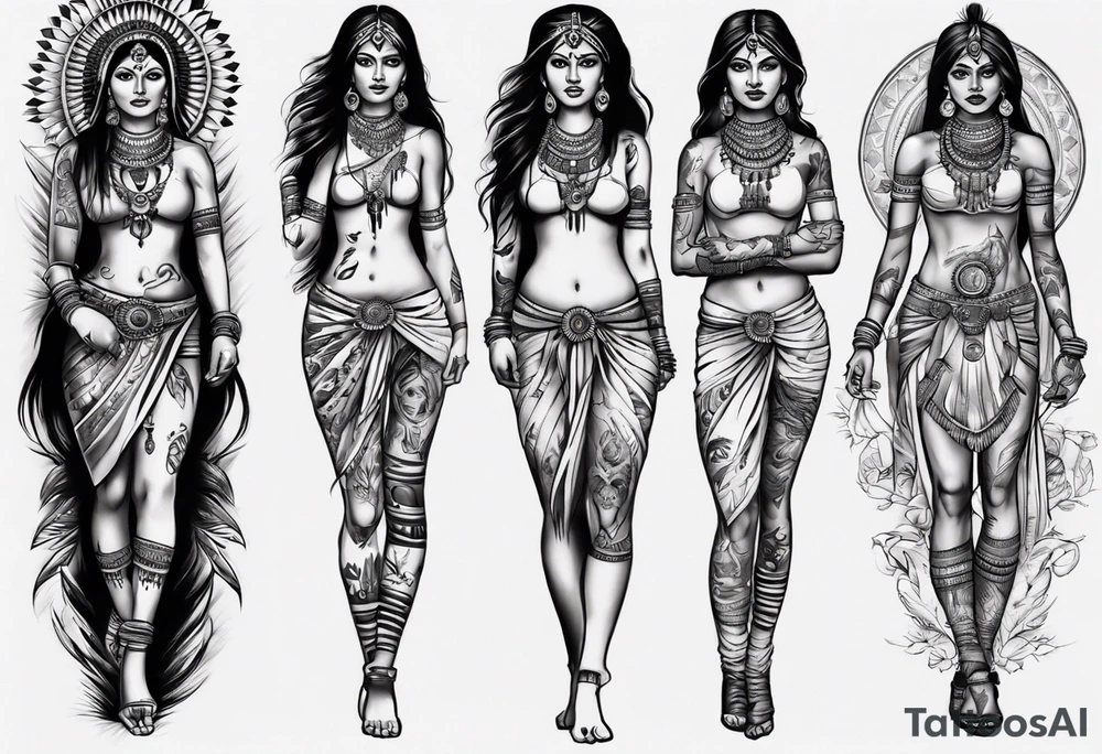indian woman theme leg sleeve tattoo idea