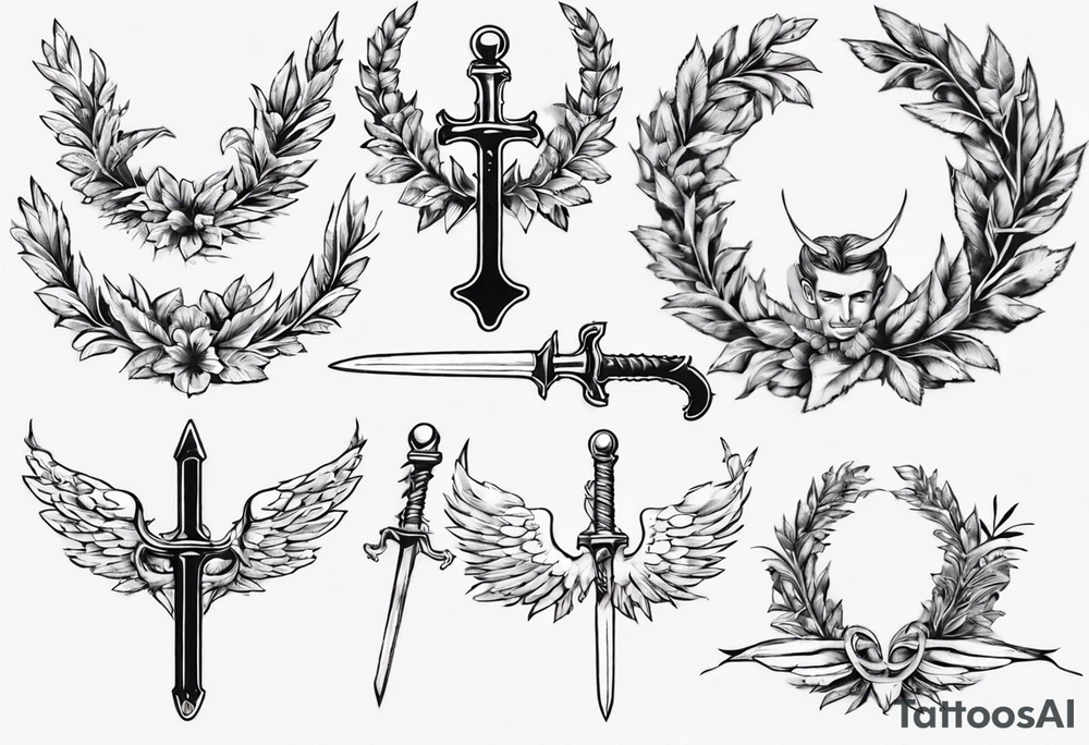 number 13, a laurel leaf wreath, and a Male angel holding sword tattoo idea