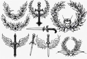 number 13, a laurel leaf wreath, and a Male angel holding sword tattoo idea