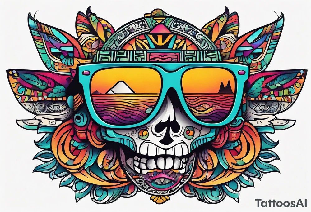 Colorful Mayan hieroglyph wearing sunglasses with waves and bats tattoo idea