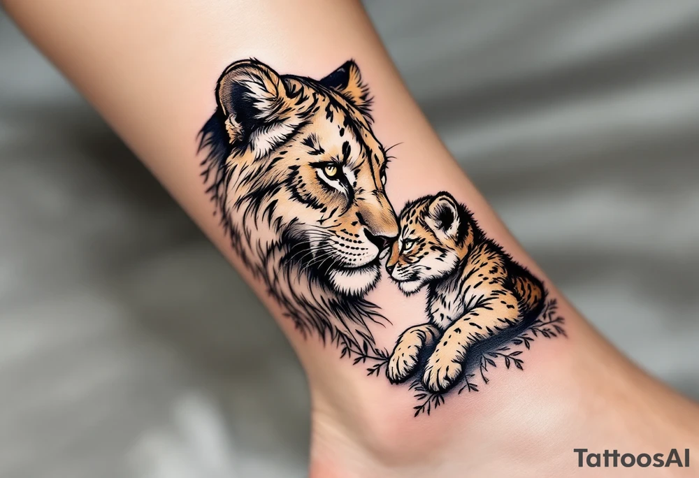A mother lioness in golden ink nuzzling her cub with protective eyes symbolizes fierce maternal strength. tattoo idea