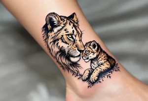 A mother lioness in golden ink nuzzling her cub with protective eyes symbolizes fierce maternal strength. tattoo idea