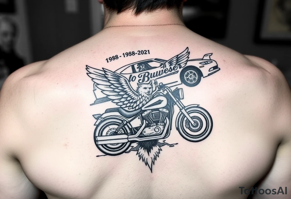 Dale Earnhardt car on it with the year 1958 - 2021 intertwined with a motorcycle with a Budweiser logo on it with a guardian angel wolf tattoo idea