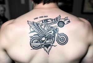 Dale Earnhardt car on it with the year 1958 - 2021 intertwined with a motorcycle with a Budweiser logo on it with a guardian angel wolf tattoo idea