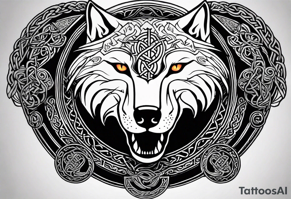 A powerful tattoo design combining Nordic, Greek, and Celtic symbols to represent someone who made you believe in humanity's goodness, only to turn out to be its ultimate betrayer. The centerpiece is a snarling wolf, symbolizing Fenrir, with glowing eyes and an open mouth, representing betrayal and destruction. Surrounding the wolf is the Ouroboros, a serpent eating its own tail, symbolizing the endless cycle of trust and betrayal. The Triskelion, with its three interlocking spirals, appears in the background or as a border, representing the shifting balance between light and dark. Incorporate fire and ice elements to reflect the contrast between warmth (trust) and coldness (betrayal), with Celtic knotwork and runes adding ancient, mystical depth to the design. tattoo idea