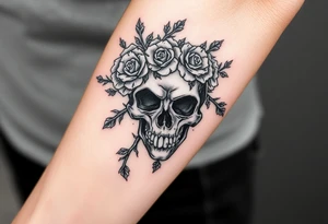 ornate skull adorned with crown of wild roses and thorns tattoo idea