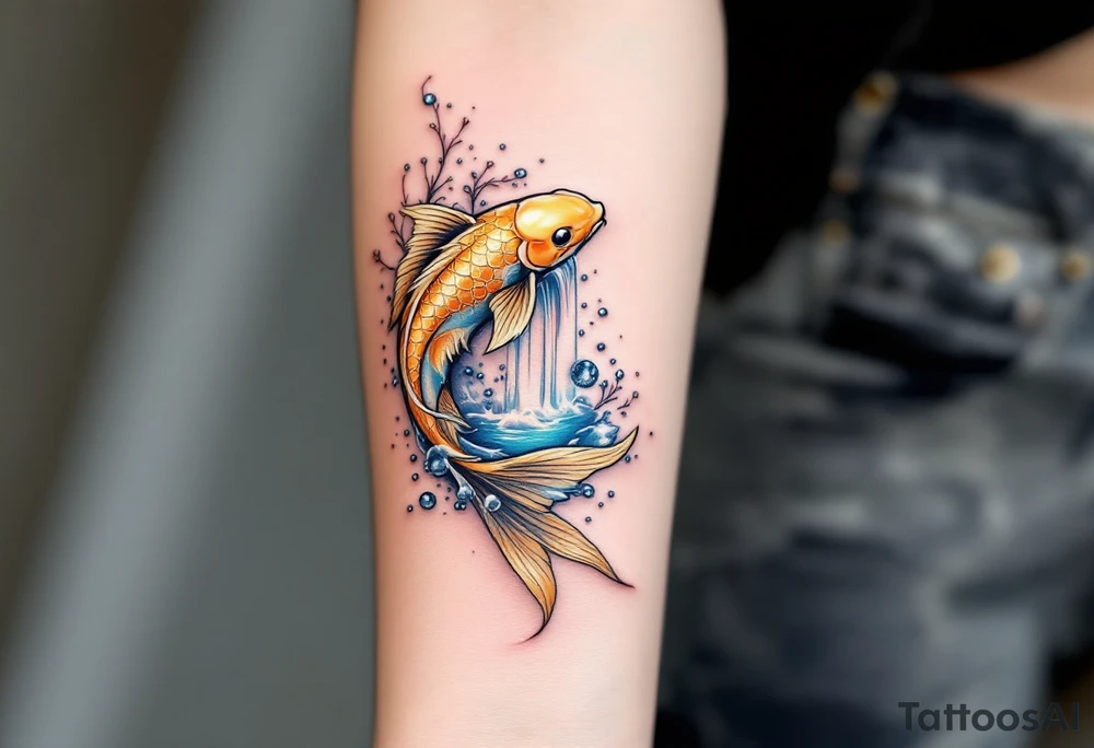Metallic Gold Koi with Waterfall – A glowing gold koi jumping through cascading silver-blue water, symbolizing ambition and achieving higher goals. tattoo idea
