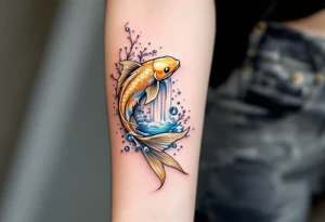 Metallic Gold Koi with Waterfall – A glowing gold koi jumping through cascading silver-blue water, symbolizing ambition and achieving higher goals. tattoo idea