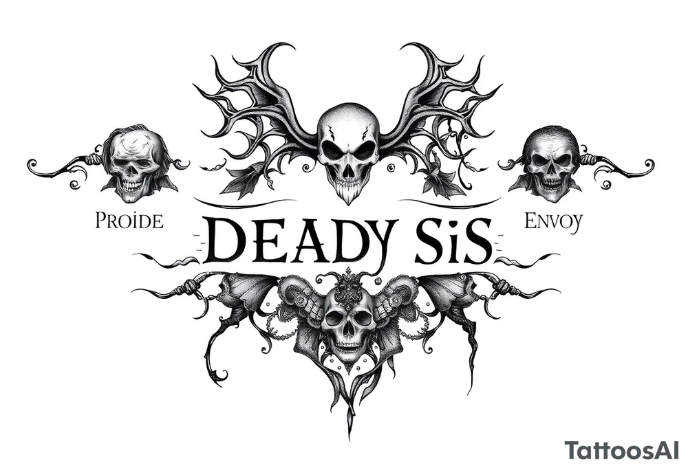powerful sexy seven deadly sins stencil  with words greed, pride, gluttony, wrath, lust, sloth and envy, with a darkness kind of feeling  and storms tattoo idea