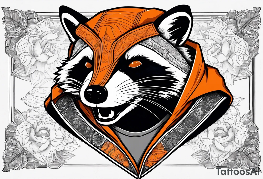 Raccoon wearing an orange Superman hoodie tattoo idea