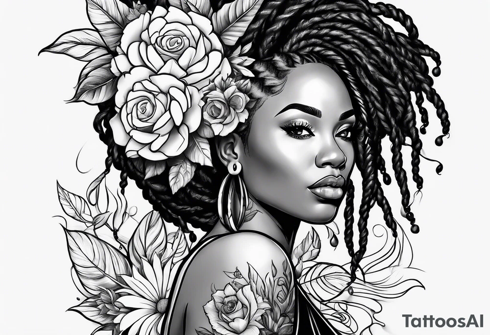 Black woman with locs and flowers tattoo idea