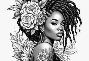 Black woman with locs and flowers tattoo idea