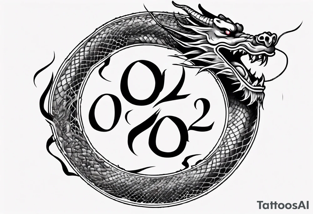 Chinese dragon in a circular shape with "02.03" written on its skin tattoo idea