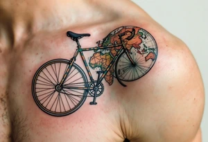 A bicycle with a world map pattern on the frame, in earthy tones like beige, brown, and green, symbolizing global exploration and wanderlust. tattoo idea