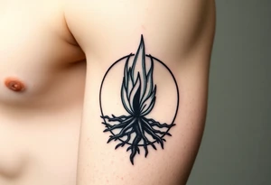flame in a blooming roots circle tattoo idea